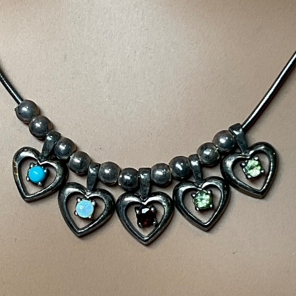 Vintage Sterling Silver LENOX Multi Gemstone Heart Shapes Necklace. 19” long - Picture 2 of 6